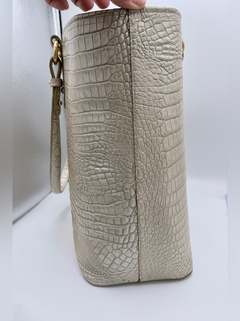 Brahmin Melbourne Croc Embossed Leather Tote Bag Linen Cream Gold - Picture 3 of 13